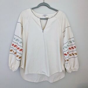 Madewell Peasant Blouse M Ivory Cotton Leaf Embroidered Boho Long Sleeve Top